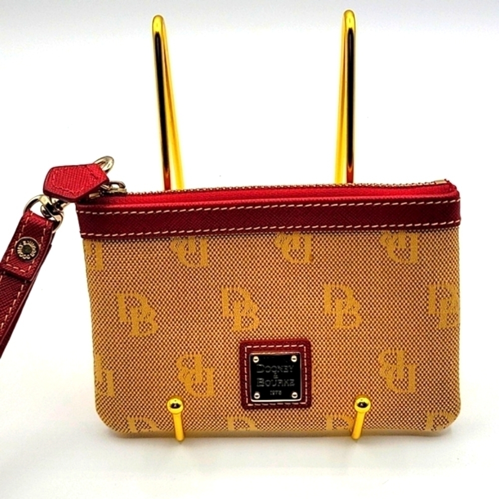 DOONEY & BOURKE Wristlet Tan Canvas DB Logo Red Leather Key Chain inside